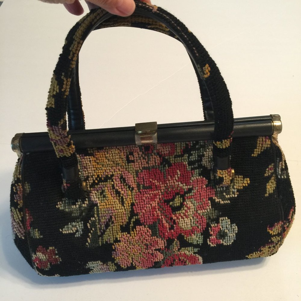 Vintage Carpet Needlework Floral Tapestry Purse